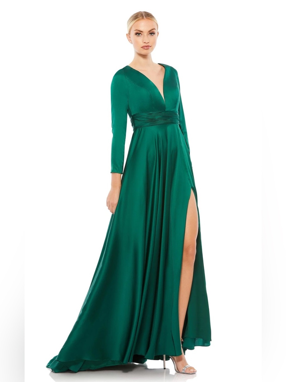 Ieena for Mac Duggal Long Sleeve Satin A-Line Maxi Dress Gown Emerald Green 10